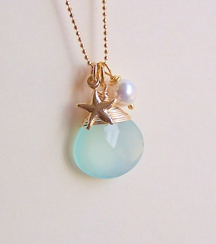 Bridesmaid Gifts - Nautical Jewelry, Beach Weddings, Starfish Charm Necklace, Seashell Charm Necklace, Chalcedony Blue Stone - 4080